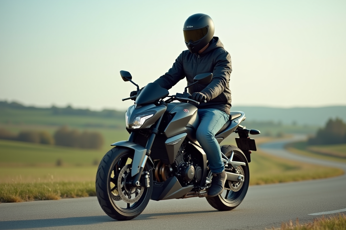 Jeune motard en veste moderne sur une moto 125cc en campagne