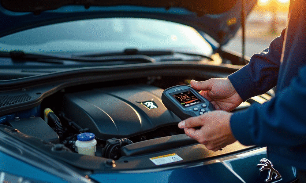 Moteur Peugeot avec diagnostic en cours en plein jour
