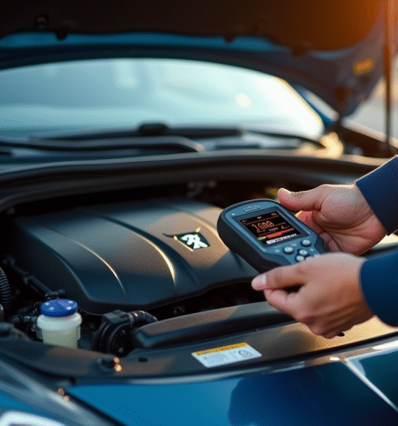 Moteur Peugeot avec diagnostic en cours en plein jour
