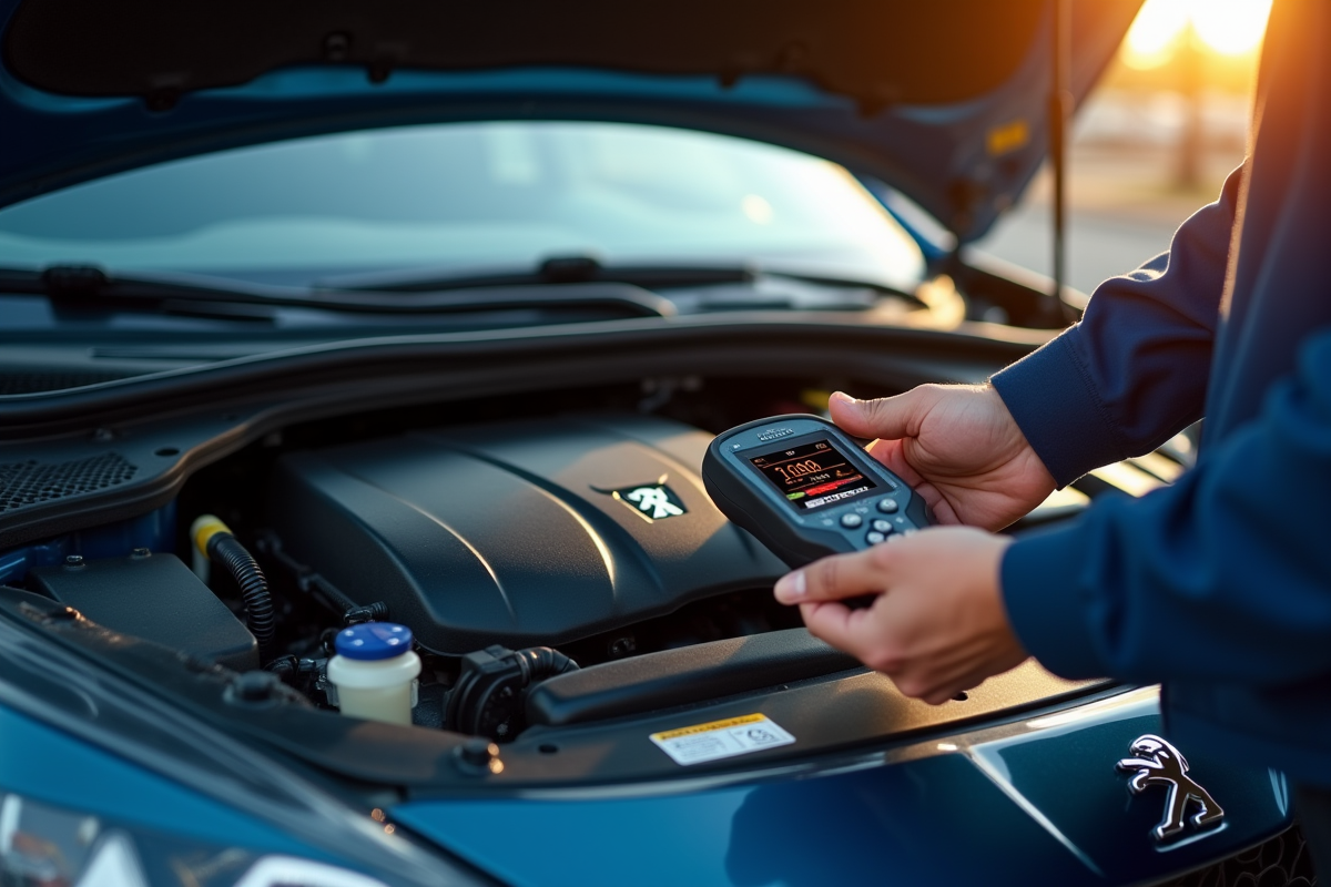 Moteur Peugeot avec diagnostic en cours en plein jour