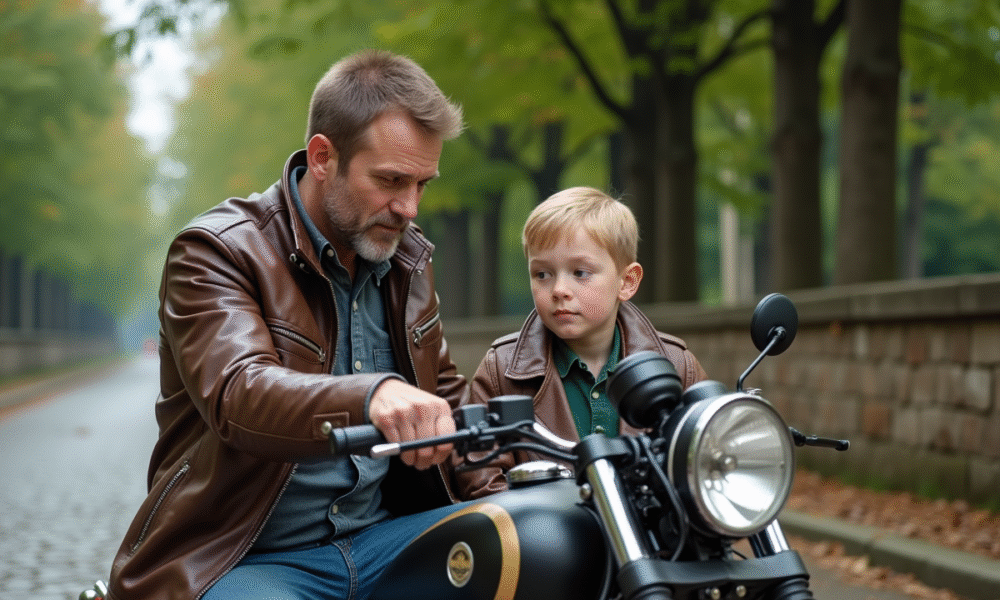 Homme expliquant le mécanisme du sidecar à un garçon