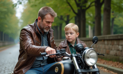 Homme expliquant le mécanisme du sidecar à un garçon