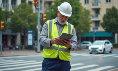 Homme en gilet réfléchissant vérifiant un panneau de signalisation
