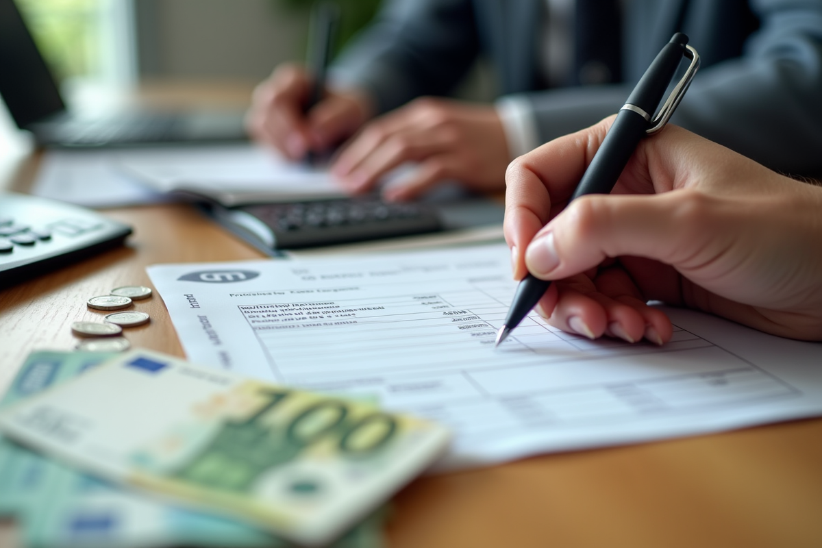Gros plan sur des mains remplissant un formulaire de licence AM avec calculatrice et argent