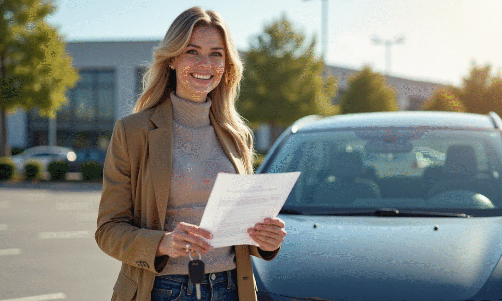 Personne souriante tenant clés et assurance voiture