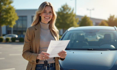 Personne souriante tenant clés et assurance voiture