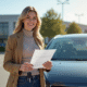 Personne souriante tenant clés et assurance voiture