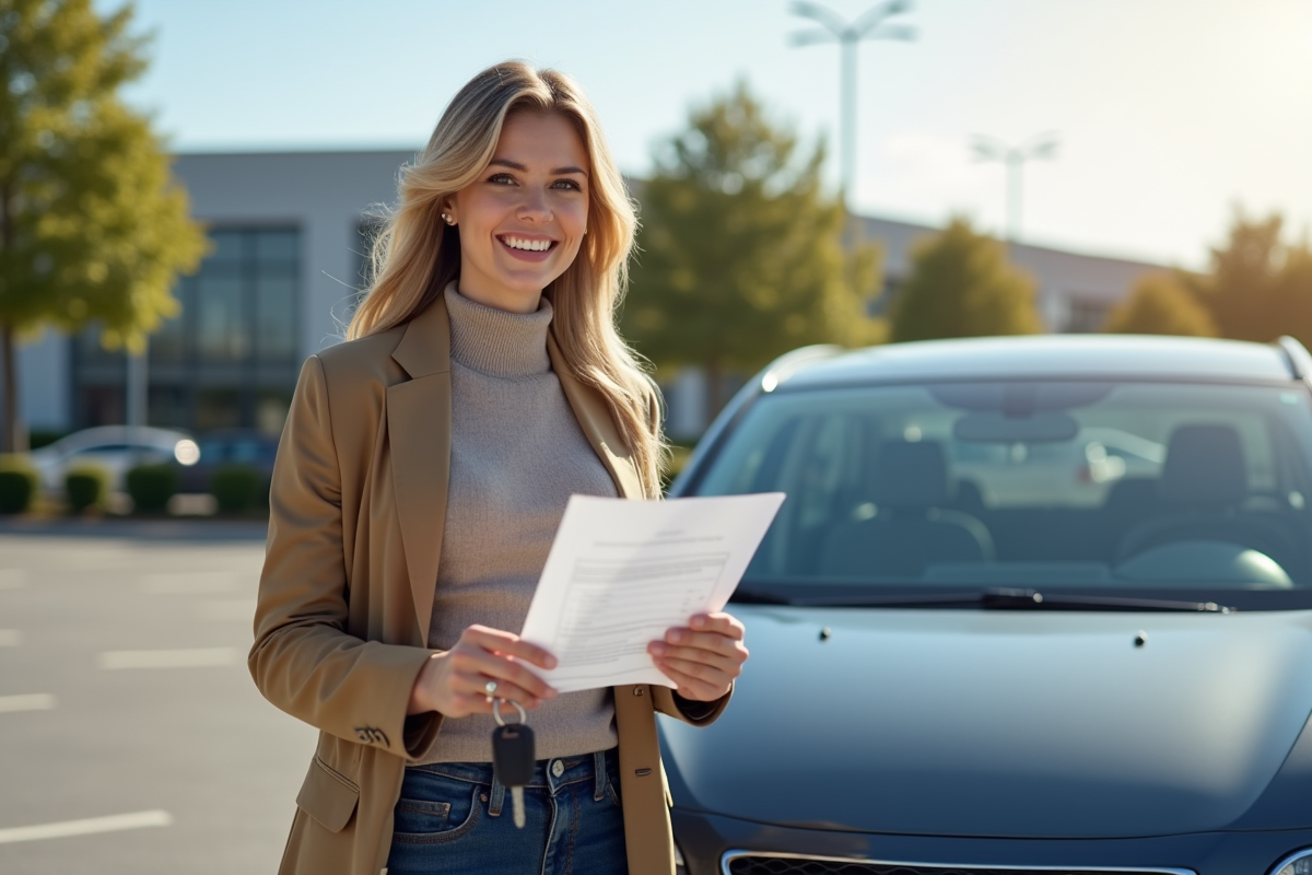 Personne souriante tenant clés et assurance voiture