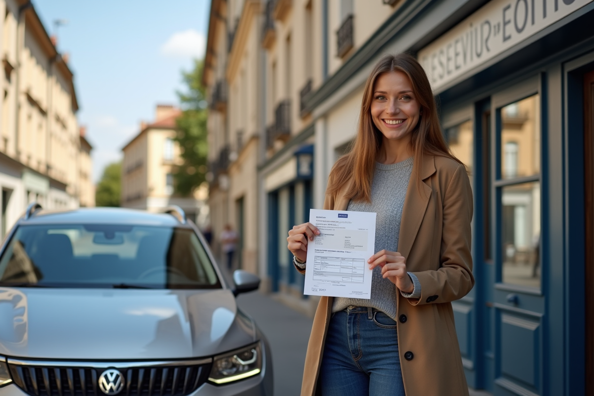 Personne heureuse avec sa voiture devant la préfecture