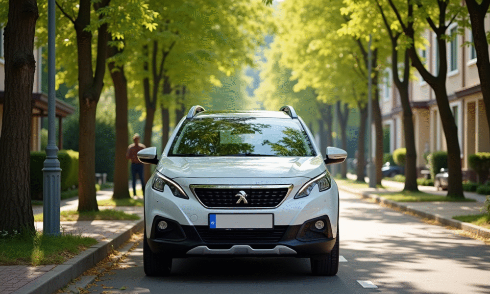 Peugeot 2008 garée dans une rue résidentielle ensoleillée