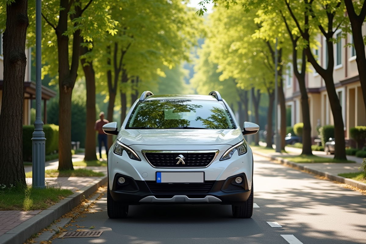 Peugeot 2008 garée dans une rue résidentielle ensoleillée