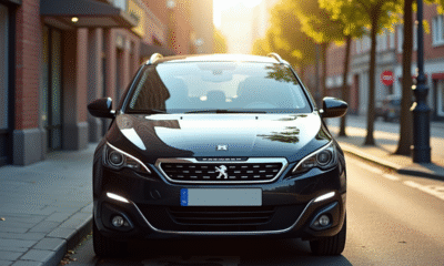 Voiture Peugeot 308 2015 stationnee en ville en plein soleil