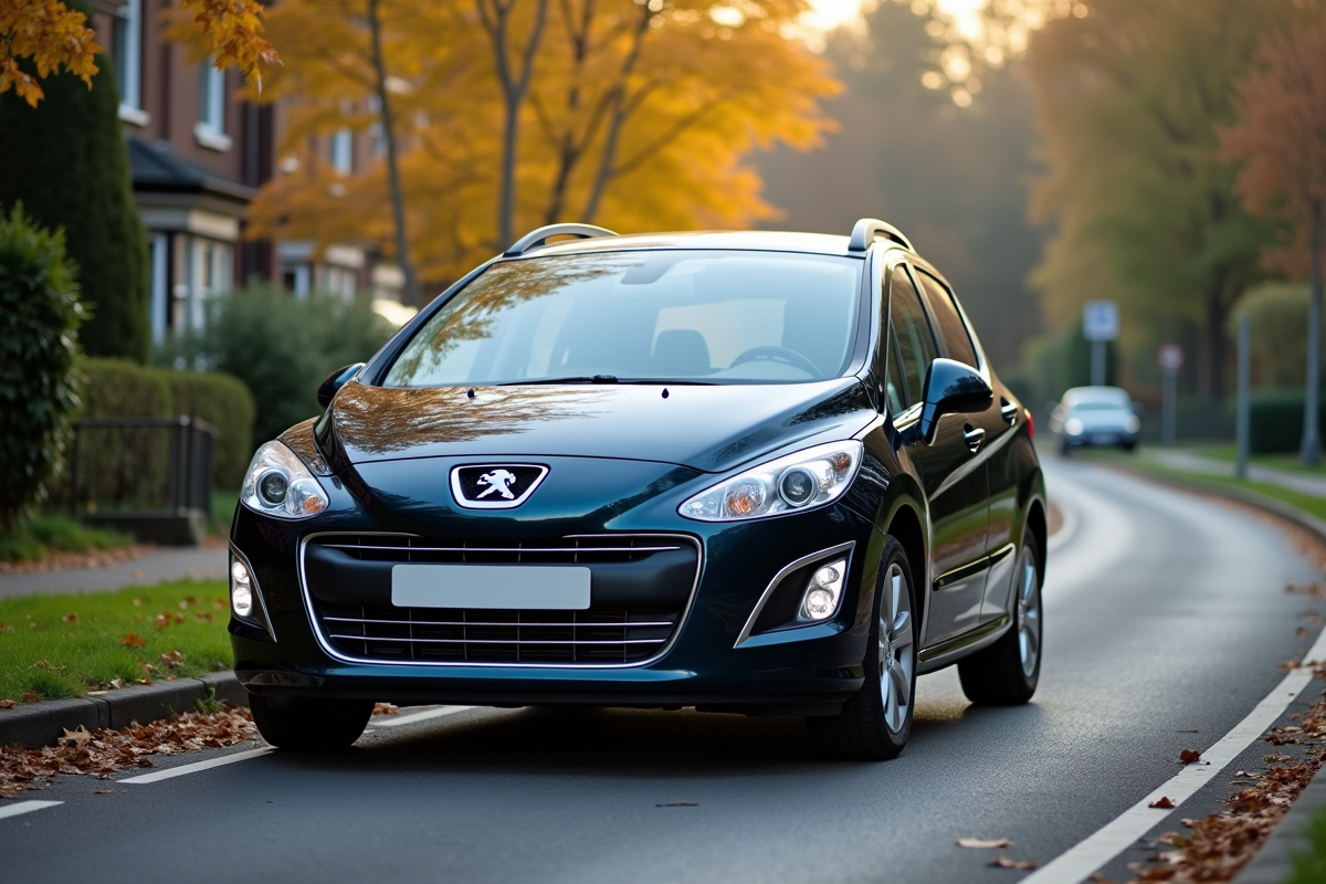 Voiture Peugeot 308 ancienne stationnee en ville