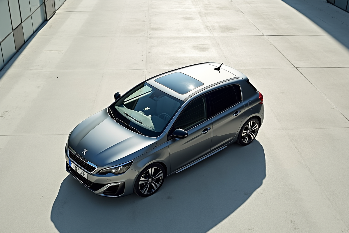 Vue aerienne d une Peugeot 308 2015 sur un parking en plein jour