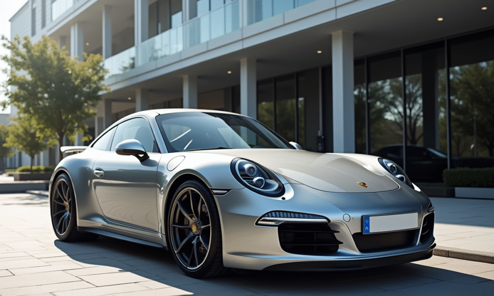 Porsche 911 argentée devant un bâtiment moderne ensoleillé