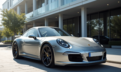 Porsche 911 argentée devant un bâtiment moderne ensoleillé