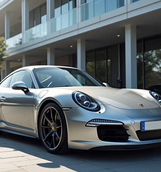 Porsche 911 argentée devant un bâtiment moderne ensoleillé