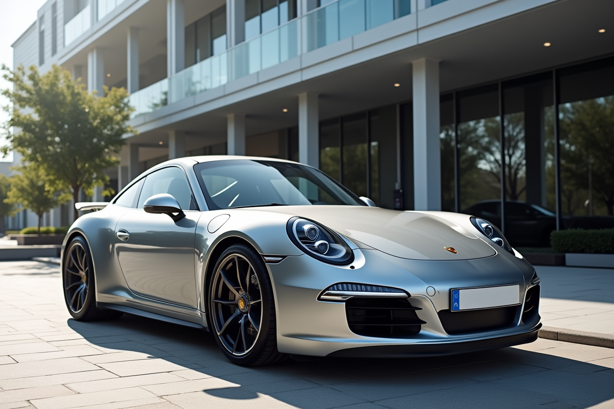 Porsche 911 argentée devant un bâtiment moderne ensoleillé
