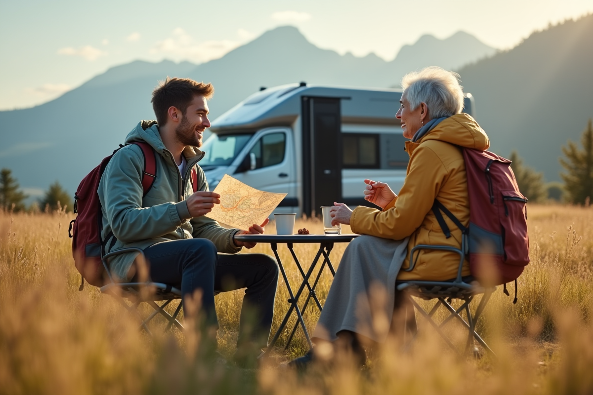 Jeune homme et femme partageant café devant van