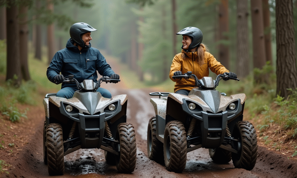 Deux motards en quad dans la forêt, ambiance offroad