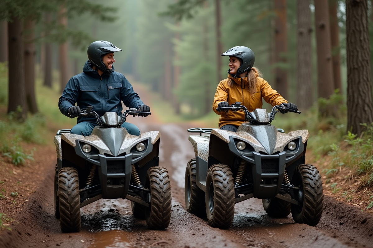 Deux motards en quad dans la forêt, ambiance offroad