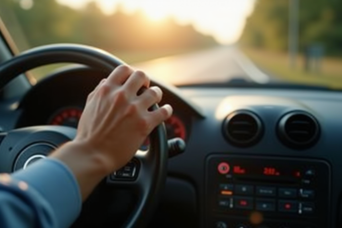 Main tournant doucement le moteur de la voiture en journée