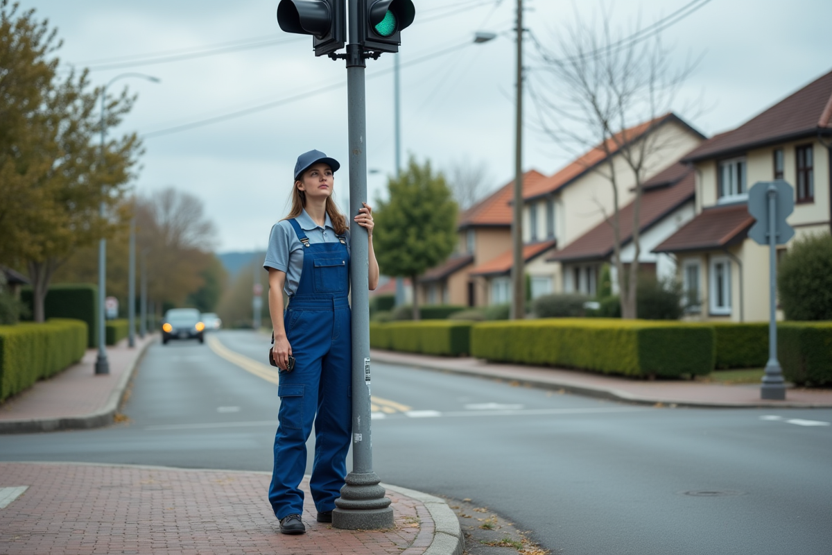 Femme en overalls remplaçant un module de feu de circulation