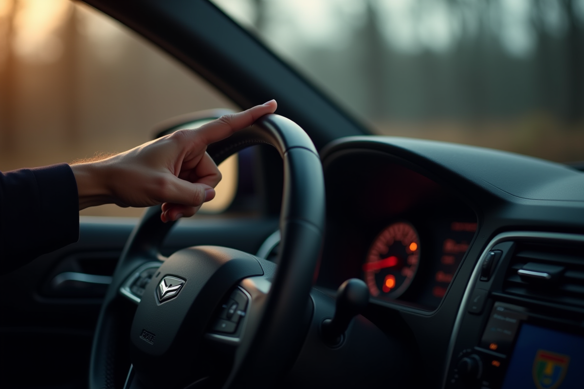 Main de conducteur pointant le voyant de pneu allumé sur le tableau