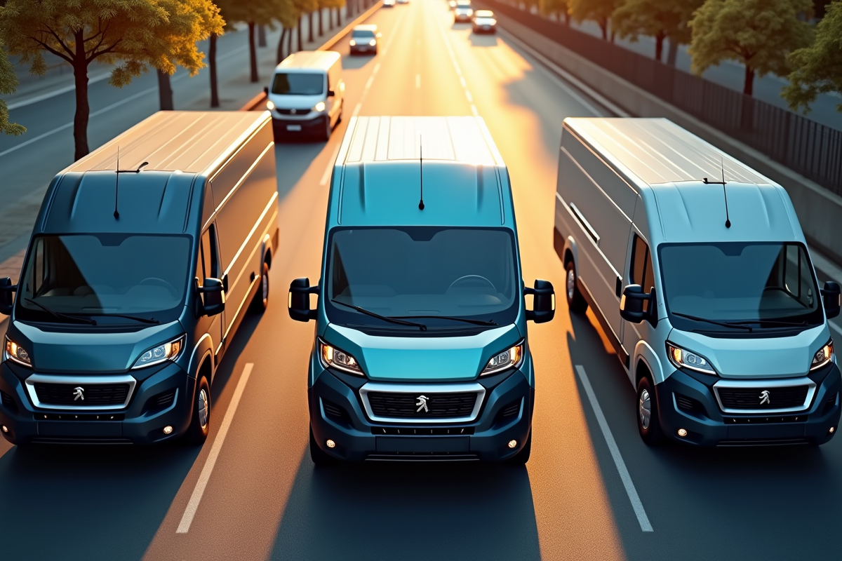 Peugeot Boxer et deux vans concurrents vus du dessus en ville